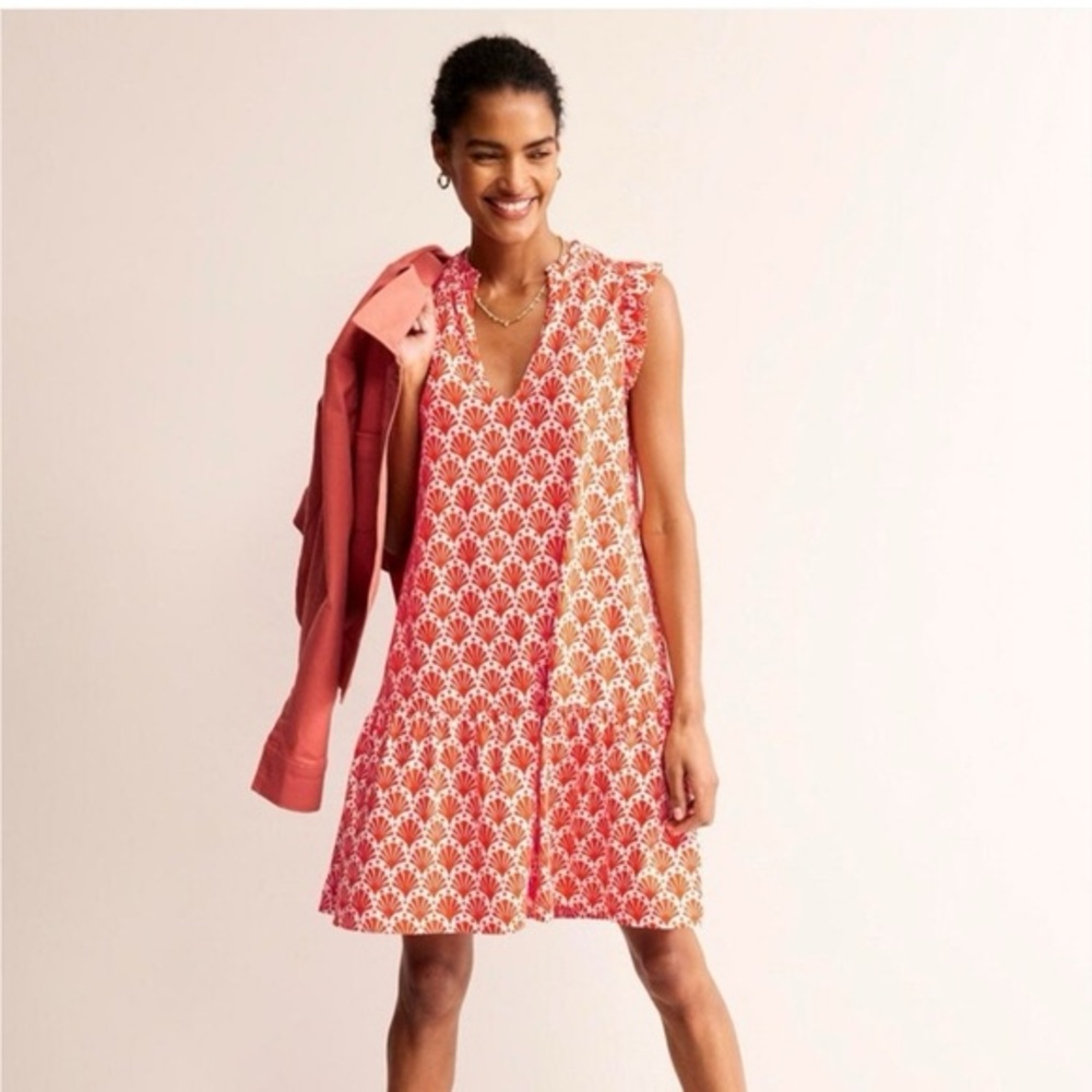 BODEN Daisy Shell Print Sleeveless Ruffle Shift Dress Orange Size 10 Long